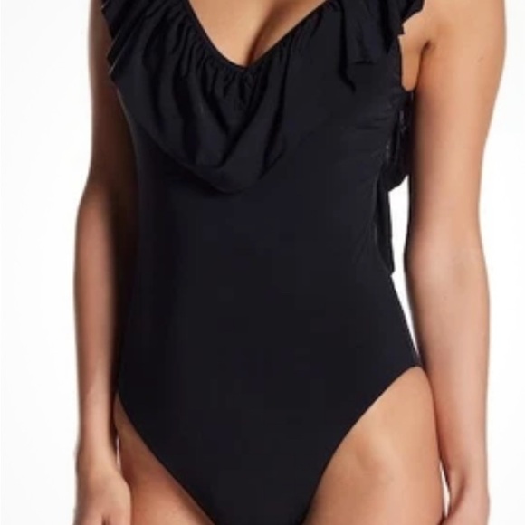 Burgundy Asymmetrical Ruffled Bodysuit Swimwear Women’s size Small - Picture 13 of 14